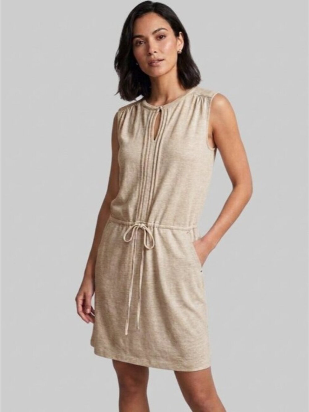 Sleeveless Drawstring Casual Dress in Beige